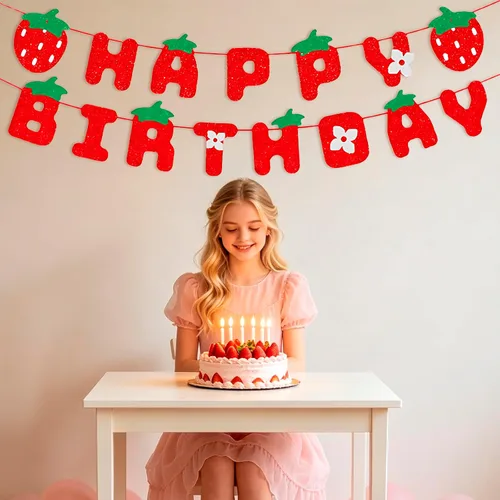 Vista 4 de MEETINGU Cartel de feliz cumpleaños de fresa, decoración de fiesta de cumpleaños de fresa con purpurina para niños y niñas, decoración de fiesta