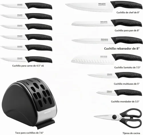 Vista 7 de Juego de cuchillos, 12 cuchillos de cocina de acero inoxidable con tijeras, color negro Dishwasher Safe Cutlery Set Includes 6 Chef Knives, 6