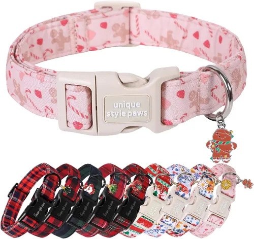Vista 17 de Collar de perro de Navidad de Unique Style Paws con hebilla de plástico y colgante, a cuadros rojo y negro, collares de algodón para cachorros