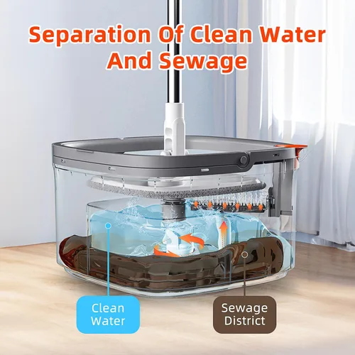 Vista 2 de Juego de trapeador giratorio y cubo con sistema de agua sucia y limpia de separación, cabezal de trapeador limpio giratorio de 360° para suelos
