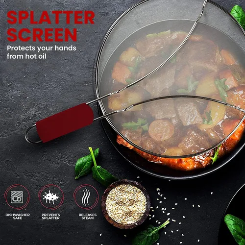 Vista 2 de Pantalla contra salpicaduras de grasa de 13 pulgadas para cocinar, protector de salpicaduras de aceite de acero inoxidable y malla ultrafina que Rojo