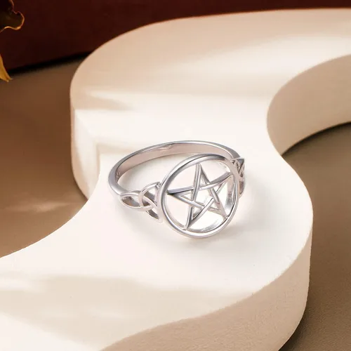 Vista 4 de Anillo de plata de ley S925 con amuleto de pentagrama y nudo celta estrella y bruja para mujeres y hombres