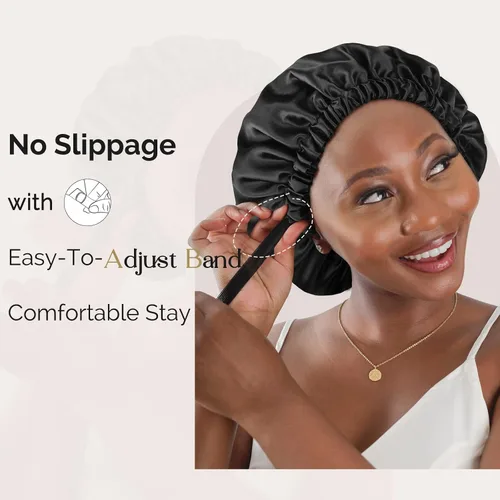 Vista 6 de YANIBEST Gorro de satén de doble capa de seda ajustable para el pelo para dormir para mujeres, cabello natural rizado para mamá