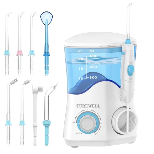 Vista 9 de TUREWELL - Hilo dental de agua para dientes/frenos, limpiador de dientes de agua con 8 puntas de chorro y 10 niveles de presión, irrigador bucal