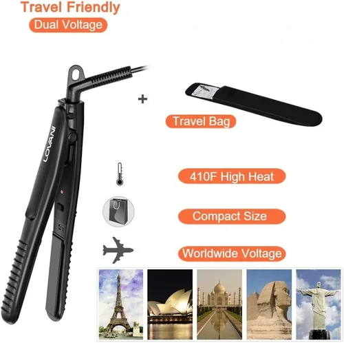Vista 5 de LOVANI Mini plancha plana tamaño de viaje Nano Titanio doble voltaje portátil pelo para uso mundial 0.5 pulgadas alisador con bolsa de viaje
