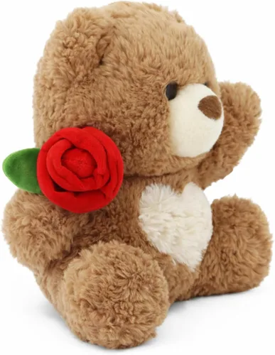 Vista 2 de Juguete de peluche de oso de peluche, oso de rosa y corazón, juguete de peluche romántico, perfecto para cumpleaños de niños y niñas (marrón)