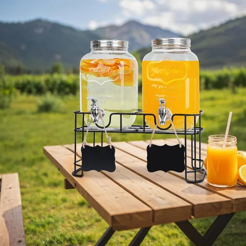 Vista 7 de Paquete de 2 dispensadores de bebidas de vidrio de 1 galón para fiestas - Dispensador de bebidas a prueba de fugas con soporte, grifo, cilindro