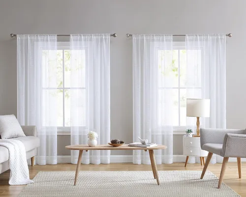 Vista 9 de Laura Ashley Cortinas traslúcidas blancas con bolsillo para barra, cada panel mide 38 pulgadas de ancho x 84 pulgadas de largo, Lehman, 4 paneles