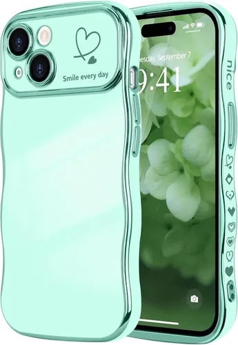 Vista 78 de LCHULLE - Funda para iPhone Air, linda para mujeres y niñas, con forma de onda, color azul bebé Luxury Plating Curly Wavy Frame with Love Heart