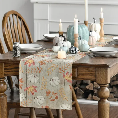 Vista 3 de Artoid Mode Camino de mesa de otoño de madera beige con hojas de arce, decoración de mesa de comedor de cocina de otoño de temporada para decoración