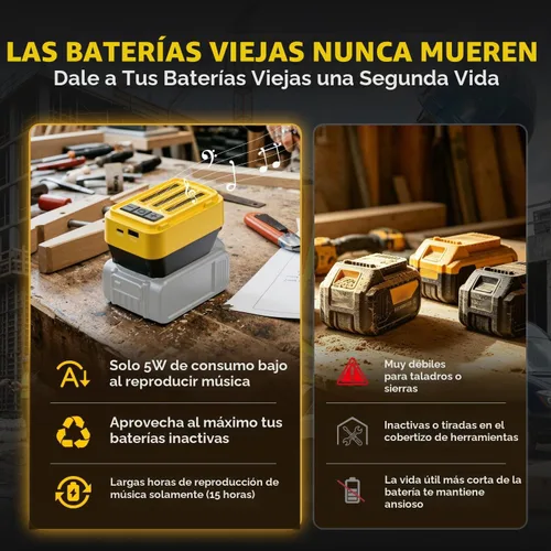 Vista 2 de Altavoz Bluetooth compatible con batería Dewalt de 20 V Max, altavoz inalámbrico con carga USB-A/C, para lugares de trabajo al aire libre, fiestas