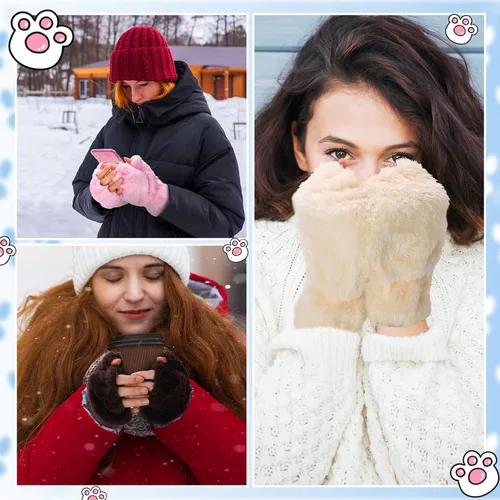 Vista 4 de Guantes de pata de gato, 3 pares de guantes kawaii, patas de gato, cosplay, piel sintética, guantes de gato, patas de león, guantes sin dedos