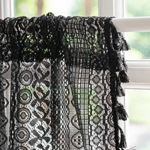 Vista 5 de Deeprove - Cenefa de cortina bohemia negra de 18 pulgadas de largo para cocina y cafetería, cortina corta bohemia de encaje transparente de crochet