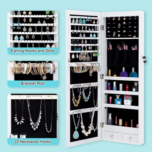 Vista 3 de HomVent Armario de joyería con espejo de 6 LED, espejo con almacenamiento de joyas, organizador de armario de joyería con cerradura, armario