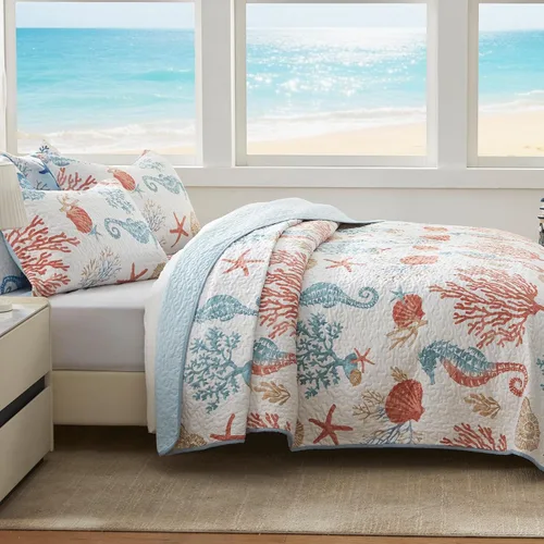 Vista 3 de LEAONME Coastal Juego de Edredón Tamaño Twin - Colcha Reversible de Microfibra Ligera, 68''x86'', Coral, Incluye 1 Funda de Almohada