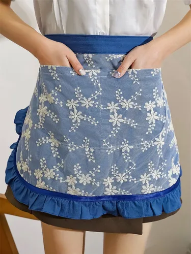 Vista 6 de Delantales de chef unisex blanco retro algodón criada corto 2 bolsillos cintura camarera mitad delantal Bordado azul