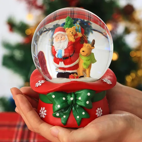 Vista 5 de Bola de Nieve Navideña de 100 mm con 8 Luces de Color, Bola de Nieve Musical, Papá Noel, Muñeco de Nieve, Reno, Caja de Música, Decoración Navideña