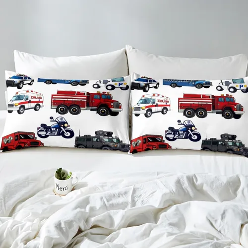 Vista 4 de Erosebridal Juego de sábanas de coche de policía para niños, tamaño individual, camión de bomberos, ambulancia, juego de sábanas de dibujos animados