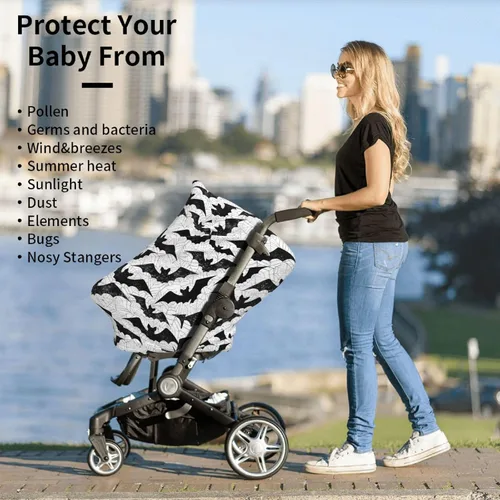 Vista 4 de Funda de asiento de coche con diseño gótico de murciélago negro para bebé, fundas de asiento de coche para niñas y niños, elástica, suave Murciélago