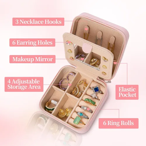 Vista 2 de Joyero de viaje para joyas, organizador de joyas pequeño con espejo, caja organizadora de joyas, artículos esenciales de viaje, regalos