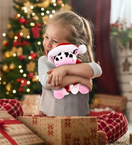Vista 5 de DolliBu Juguete de peluche de vaca de Papá Noel, súper suave, disfraz de animal salvaje con traje de Papá Noel rojo, lindo regalo de vida silvestre