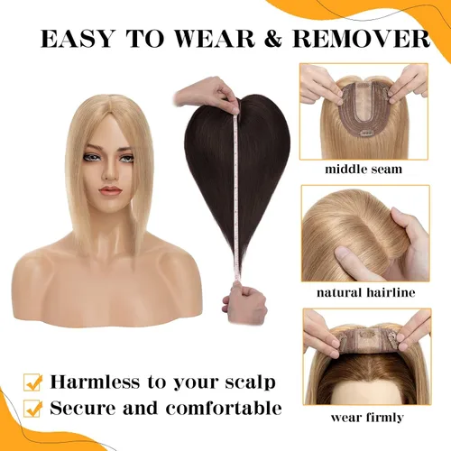 Vista 5 de S-noilite Toppers para el cabello para mujer, sin flequillo, #27 rubio oscuro con clip, piezas de cabello para mujeres con cabello delgado, base