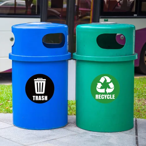 Vista 4 de Calcomanías autoadhesivas con logotipo de reciclaje y basura, letreros redondos para botes de basura y contenedores de basura (6 unidades)