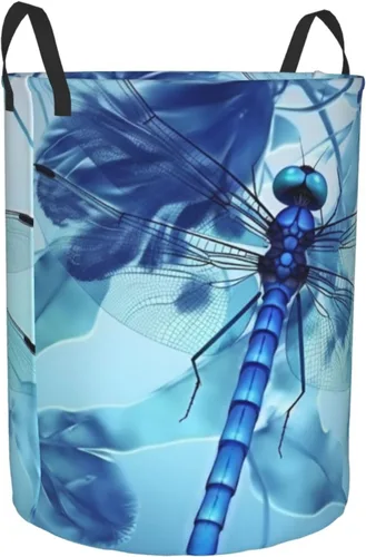 Vista 2 de Cesta circular con estampado de libélula azul artística impermeable, cesta organizadora de almacenamiento con asas para ropa, juguetes, pequeña