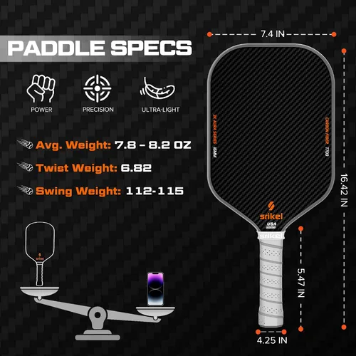 Vista 3 de Paletas de pickleball Srikel, pala de pickleball de fibra de carbono Raw T700, núcleo de polímero de poder de 16mm, raquetas profesionales para gran