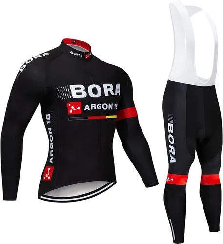 Vista 31 de Conjunto de ropa de ciclismo para hombre, manga larga, jersey de ciclismo con cremallera, bolsillo, traje de bicicleta, pantalones con babero de gel