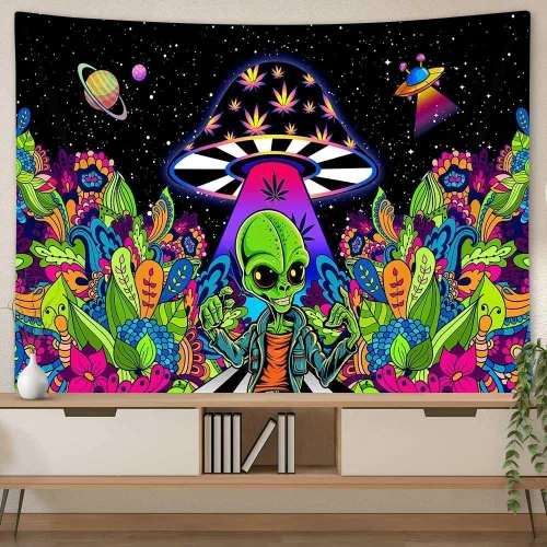 Vista 4 de JAWO Tapices alienígenas geniales, tapiz mágico psicodélico de hongos psicodélicos OVNI para colgar en la pared, decoración del hogar