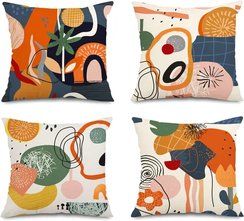 Vista 8 de Juego de 4 fundas de almohada abstractas de color naranja quemado de 20 x 20 pulgadas, fundas de almohada geométricas bohemias decorativas