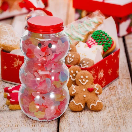 Vista 6 de PRETYZOOM 10 juegos de botellas de jugo de muñeco de nieve con tapa, tarro de plástico transparente de Navidad con bufandas de punto, sombreros