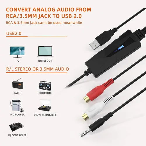 Vista 2 de DriverGenius AudioXfer USB A/C Dispositivo de tarjeta de captura de audio Convert Analog Cassette Audio to Digital MP3 with 3.5mm/RCA Inputs