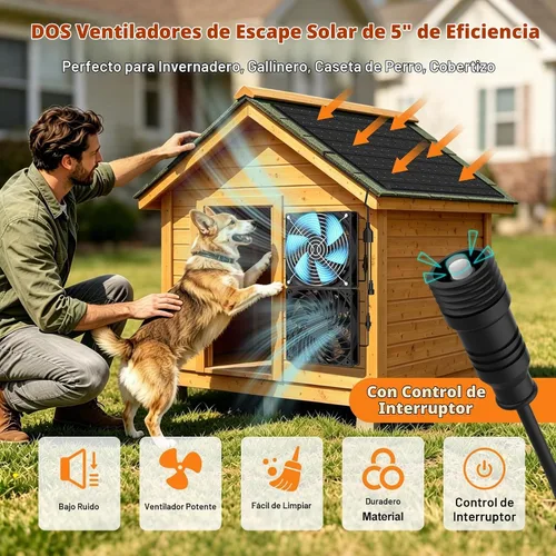 Vista 4 de Ventilador solar – Ventilador de ventilación de entrada y escape de alta velocidad dual para casa de perro, gallinero e invernadero, panel solar