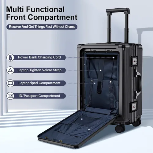 Vista 7 de SOMODE Equipaje de mano aprobado por aerolíneas con ruedas giratorias, maleta de transporte con marco de aluminio con compartimento frontal abierto