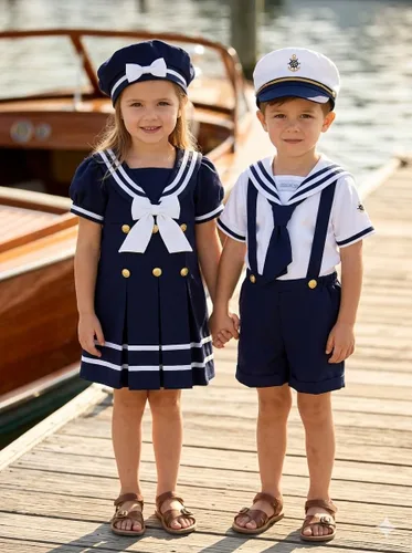 Vista 6 de Conjunto de traje de marinero náutico con sombrero, para niños pequeños Azul marino