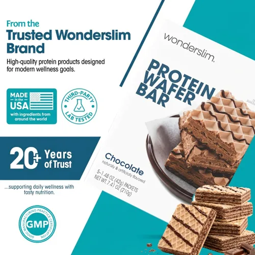 Vista 7 de WonderSlim Barra de bocadillos de oblea de proteínas, chocolate, 210 calorías, 0.53 oz de proteína, 0 mg de colesterol (5 unidades)