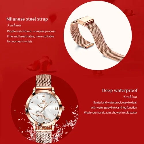 Vista 9 de OLEVS Relojes de mujer de cuarzo japonés de oro rosa para mujer, impermeables, de acero inoxidable, casual, para mujer