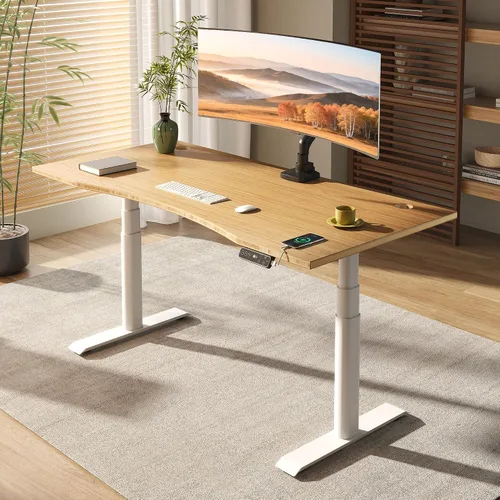 Vista 8 de FLEXISPOT E6 Pro - Escritorio eléctrico de pie de bambú de 3 etapas con patas ovaladas y motor doble, 48 x 24 pulgadas, mesa entera, altura