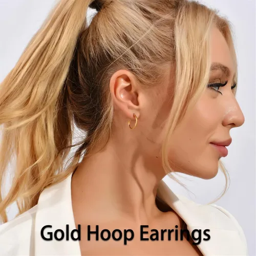 Vista 5 de Aretes de aro ligeros y pequeños de oro para mujer, aretes de aro abiertos de oro de 14 quilates, hipoalergénicos, pequeños aretes de aro en oro