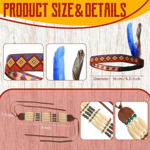 Vista 4 de Juego de 5 piezas de disfraz de Halloween para mujer disfraz indio marrón peluca trenzada diadema collar pulsera