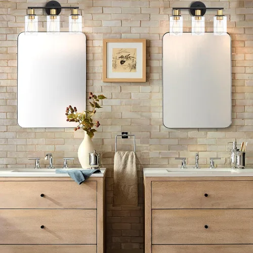 Vista 6 de Lámpara de tocador de 3 luces negra y dorada sobre el espejo, lámparas de pared de baño con pantalla de vidrio transparente que incluye base mediana