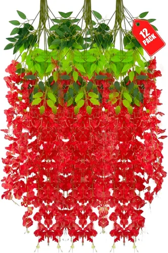 Vista 70 de Paquete de 12 flores colgantes de glicina rosa, flores colgantes falsas de 3.44 pies, guirnalda de glicina artificial para decoración de boda, telón