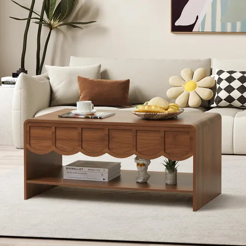 Vista 3 de Mesa de centro elevable con compartimento oculto, mesa central de madera de 2 niveles con panel ondulado, moderna mesa elevadora para el hogar, sala