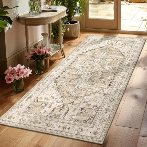 Vista 30 de Yamaziot Tapete lavable de 2 x 3 pulgadas, para entrada pequeña, antideslizante, estilo bohemio vintage, reverso de goma, lana sintética de pelo