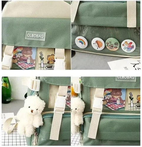 Vista 3 de MOJIDUO Juego de 4 mochilas Kawaii con bonitos colgantes e insignias de felpa, mochila escolar de alta capacidad, bonita mochila estética, Azul
