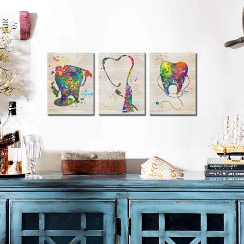 Vista 3 de KREATIVE ARTS Lienzo enmarcado para niños, pintura de acuarela, divertido póster impreso, anatomía de dientes, estomatología, cuadro de pared