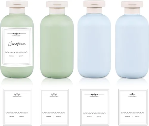 Vista 10 de Botellas de champú de viaje de plástico de 6.8 onzas, botellas exprimibles recargables con tapa abatible para artículos de tocador, recipiente