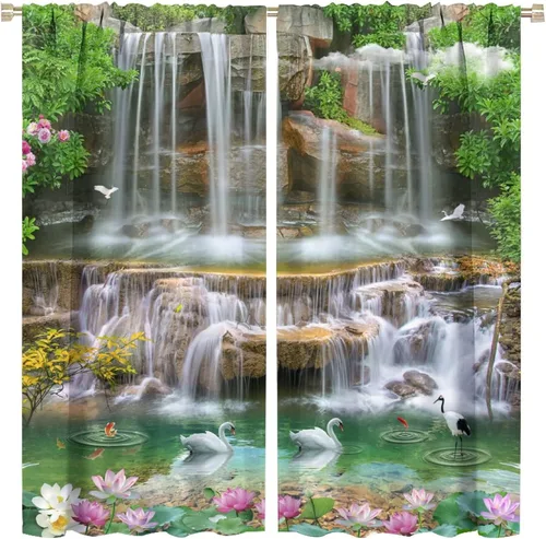 Vista 72 de Cortina opaca de bosque de verano, diseño de ramas de bosque, con bolsillo para barra, cortinas farbic con bolsillo para barra, comedor, cafetería
